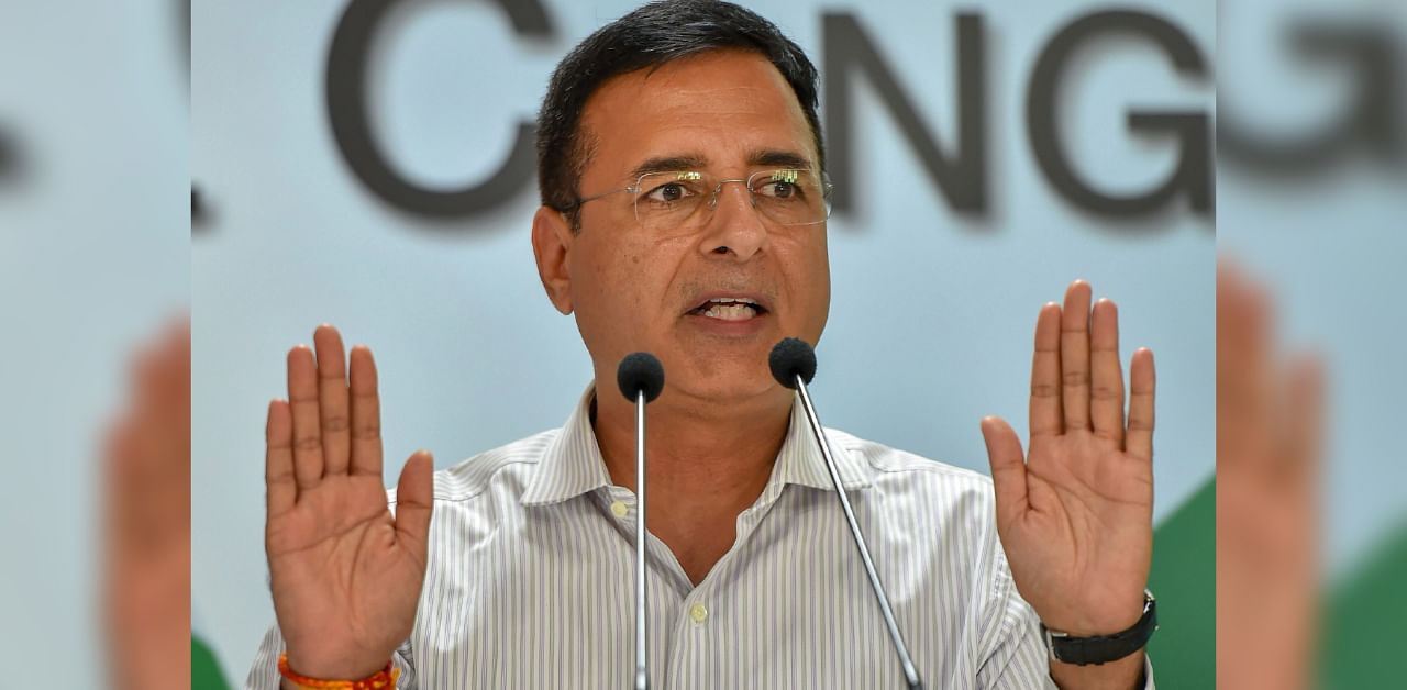 Congress General Secretary Randeep Singh Surjewala addresses a press conference on the second phase of the Bihar Assembly elections, in Patna. Credit: PTI Photo