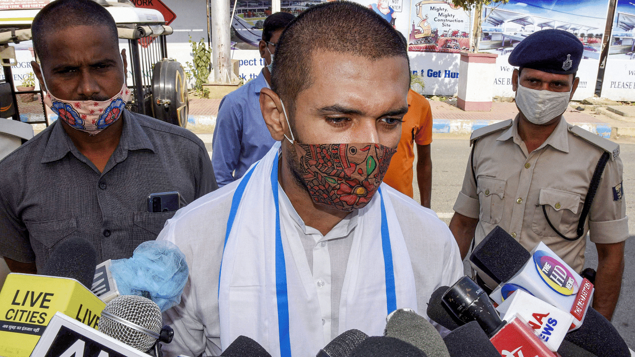 Lok Janshakti Party (LJP) President Chirag Paswan addresses media. Credits: PTI Photo