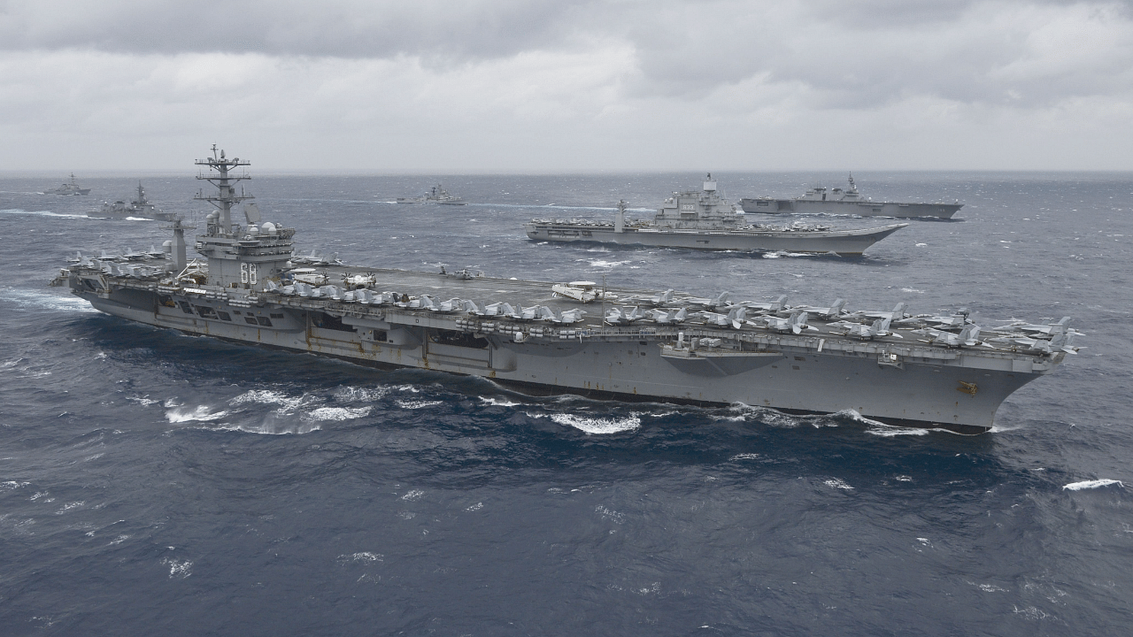 Aircraft carrier USS Nimitz (CVN 68)as it leads a formation of ships from the Indian navy, Japan Maritime Self-Defense Force (JMSDF) and the US Navy in the Bay of Bengal as part of Exercise Malabar 2017. Credits: AFP File Photo