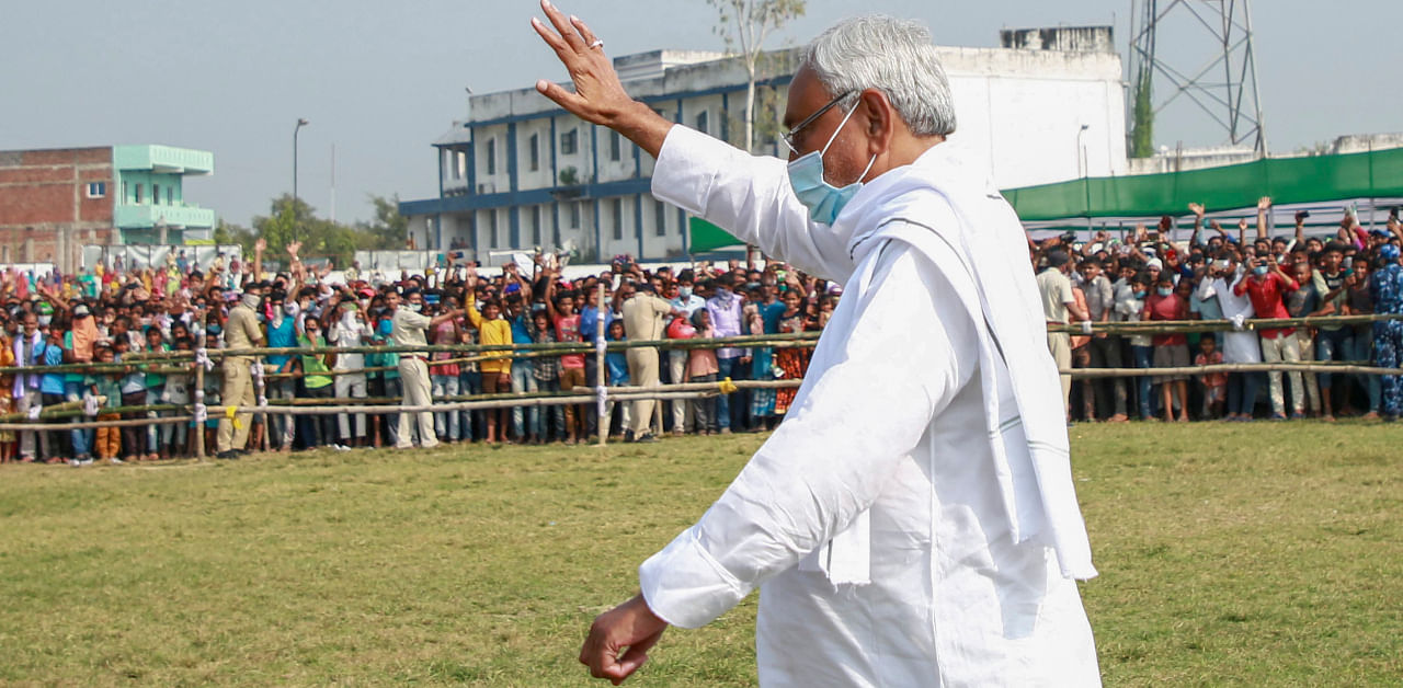  Bihar Chief Minister Nitish Kumar during an election meeting, at Benipur in Darbhanga district, Sunday, Oct. 25, 2020. Credit: PTI Photo