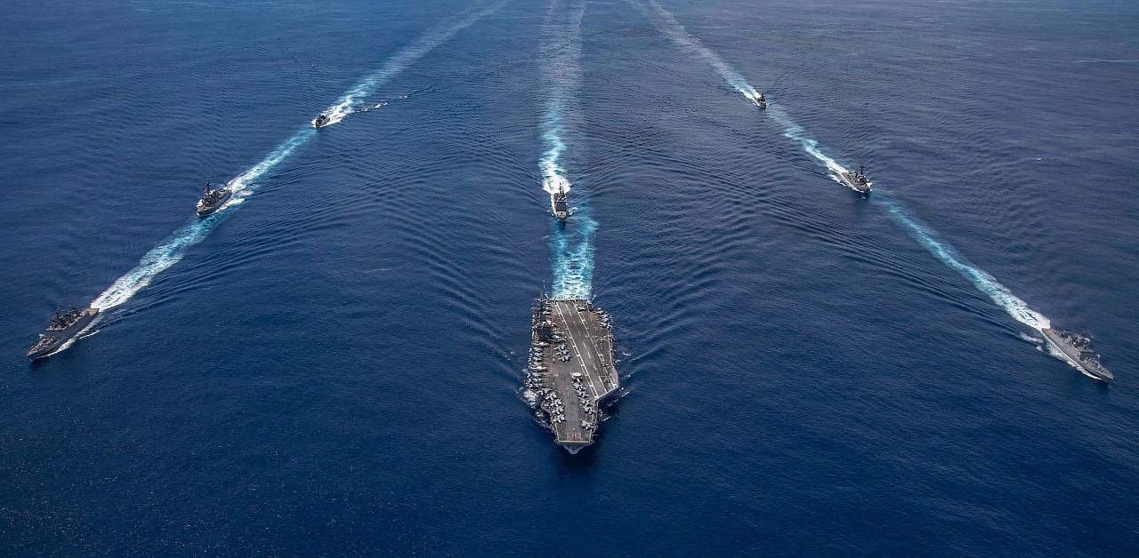 Indian naval ships conduct a Passage Exercise (PASSEX) with the United States Navy’s USS Nimitz carrier strike group near the Andaman and Nicobar (A&N) islands as it transits the Indian Ocean. Representative Photo. Credit: PTI