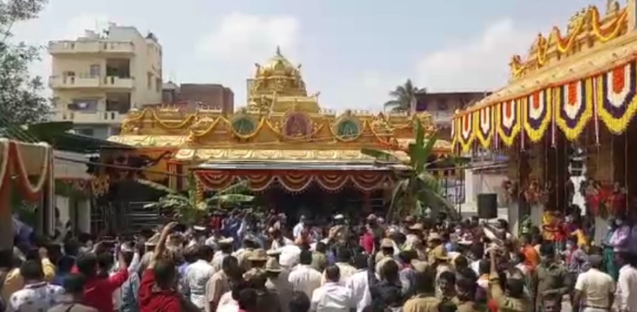 The temple was opened after the Nanjaraju, belonging to the Arasu community, sacrificed a banana plant. Credit: DH Photo