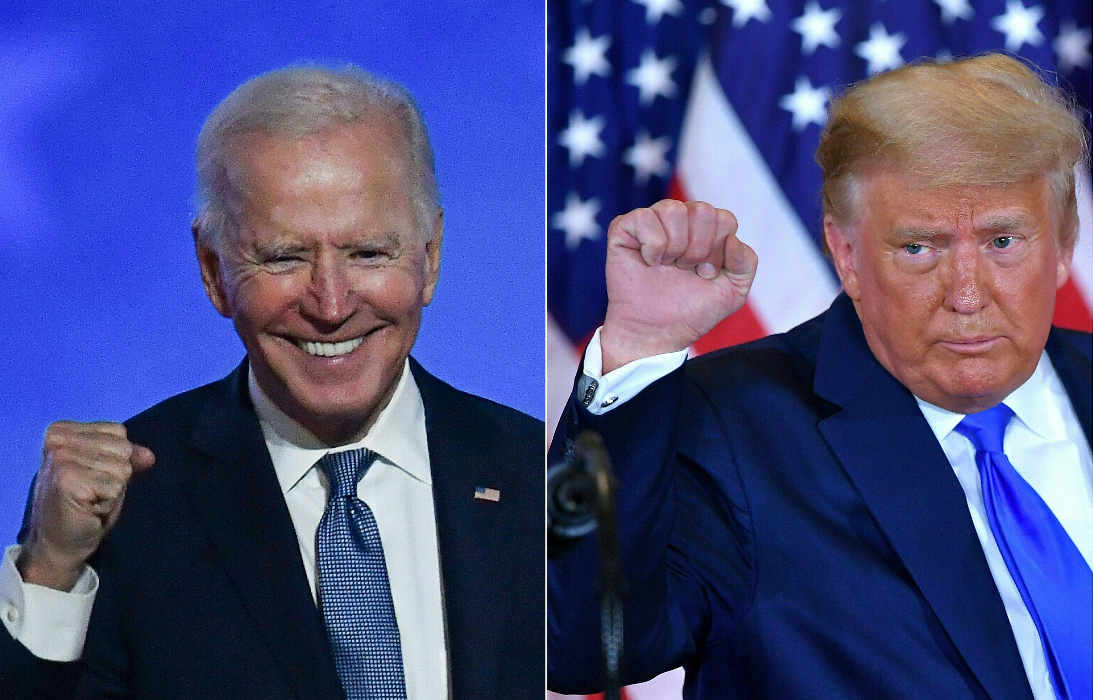  This combination of pictures created on November 04, 2020 shows Democratic presidential nominee Joe Biden (L) in Wilmington, Delaware, and US President Donald Trump (R). Credits: AFP Photo