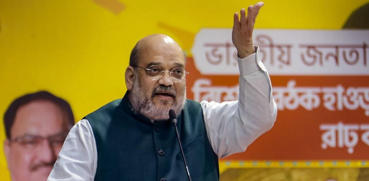 Union Home Minister Amit Shah addresses BJP Bengal unit workers, in Bankura district. Credit: PTI