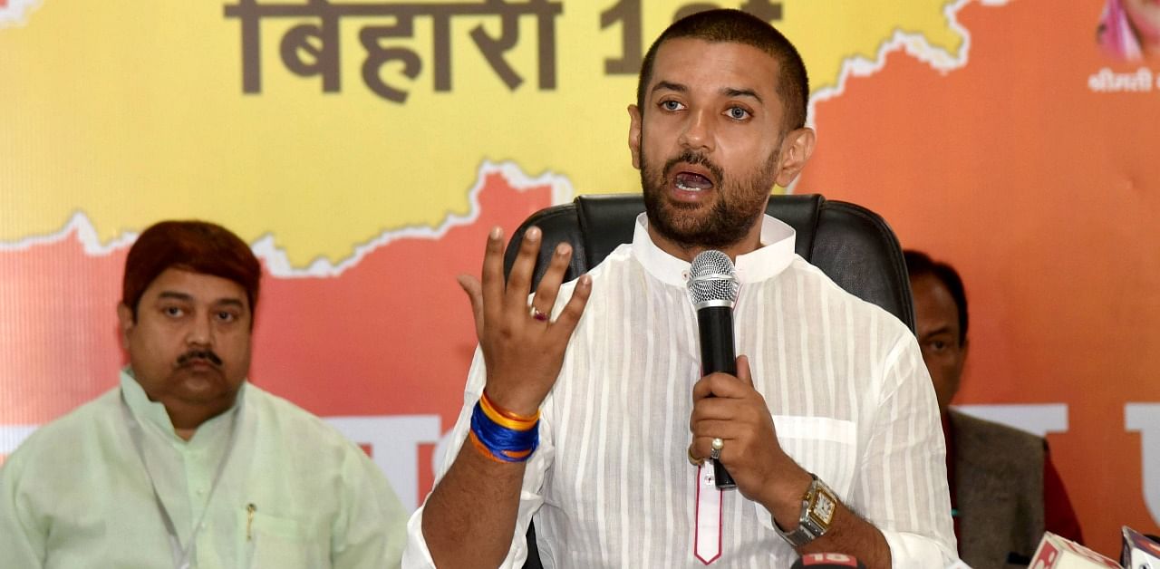 Lok Janshakti Party (LJP) leader Chirag Paswan addresses a press conference at party office, ahead of the third phase of Bihar Assembly polls, in Patna. Credit: PTI Photo