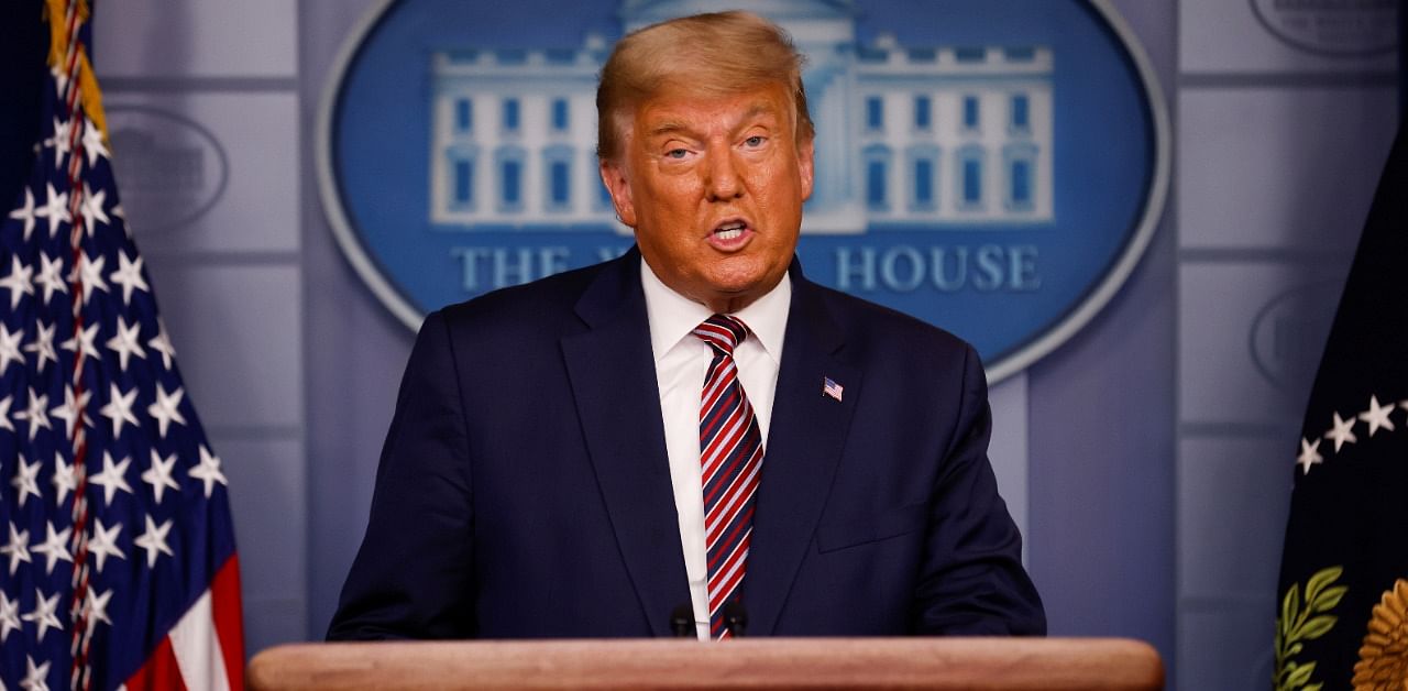 US President Donald Trump speaks about the 2020 US presidential election results in the Brady Press Briefing Room at the White House in Washington. Credit: Reuters Photo