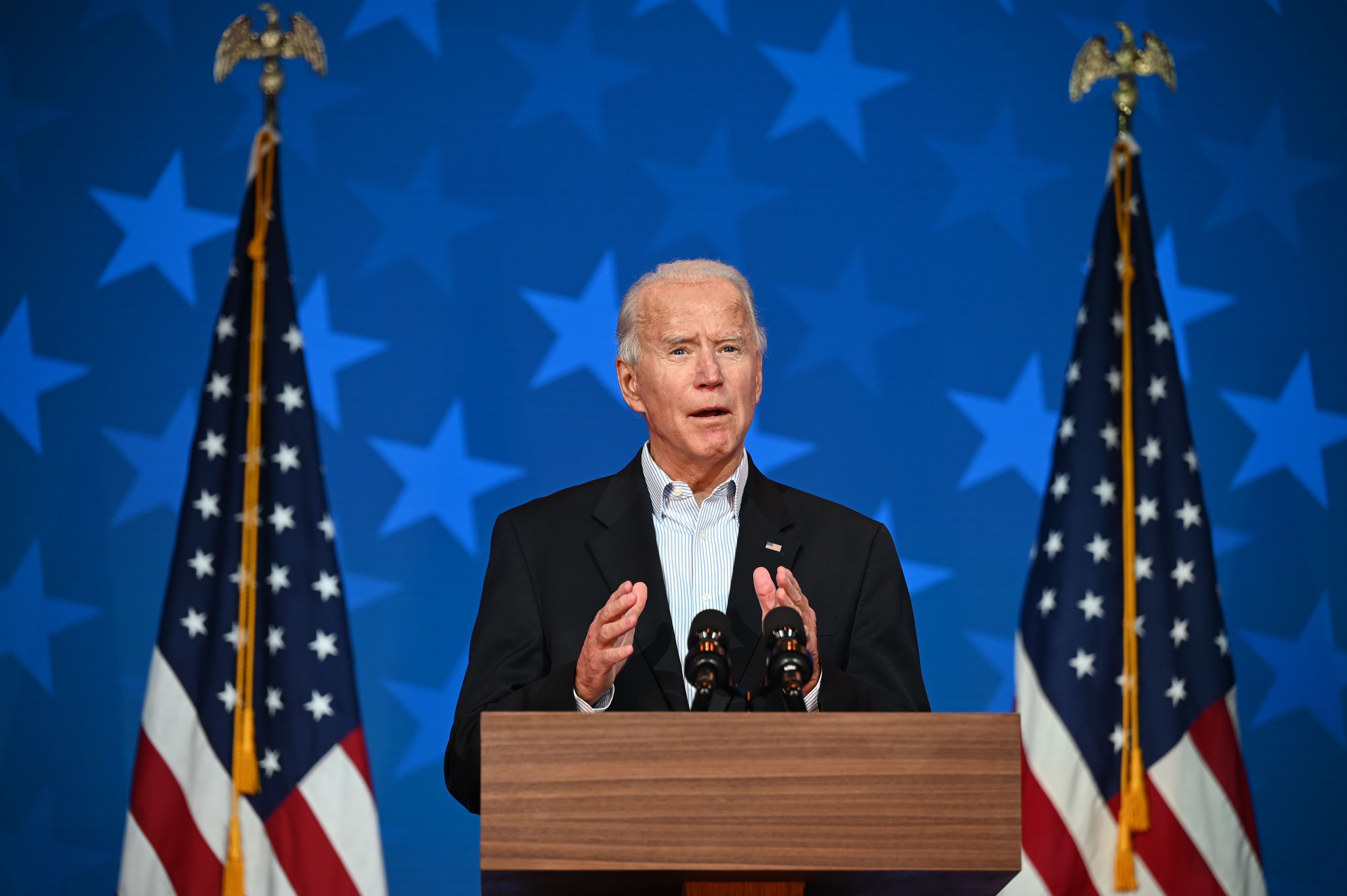 Democratic Presidential candidate Joe Biden speaks at the Queen venue in Wilmington, Delaware, on November 5, 2020. - The nail-biting US election was on the cusp of finally producing a winner Thursday, with Democrat Joe Biden solidifying his lead over President Donald Trump and the decisive state of Pennsylvania set to release results. Credit: AFP Photo