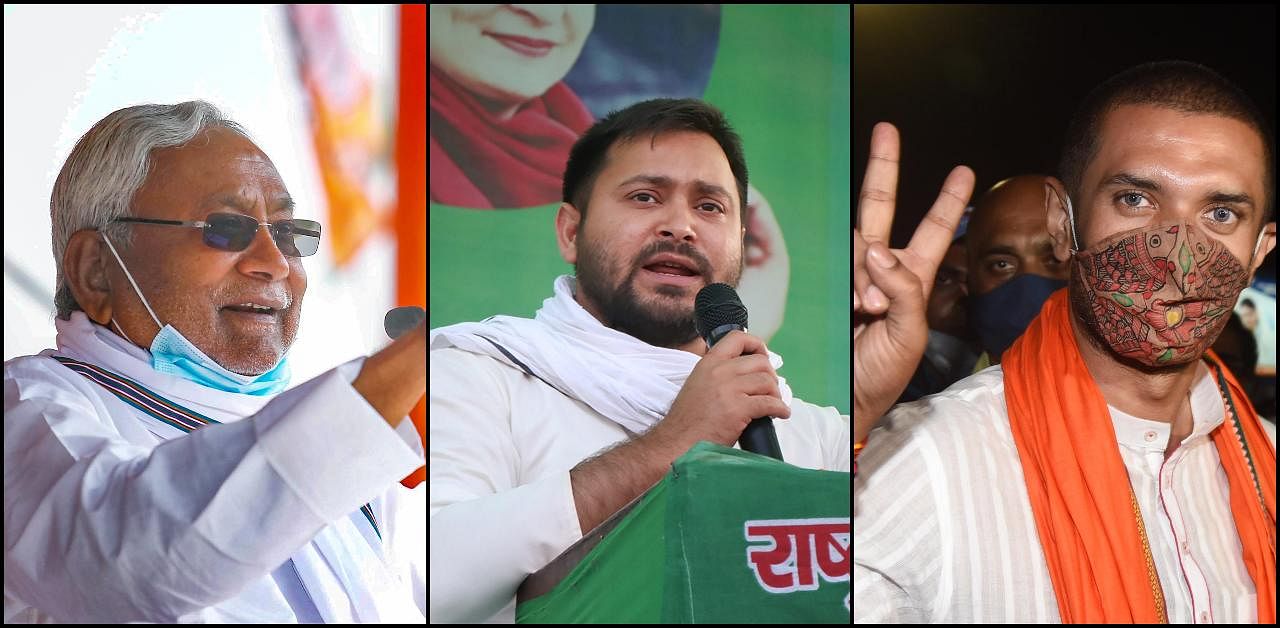 Nitish Kumar, Tejashwi Yadav and Chirag Paswan (L-R). Credit: PTI