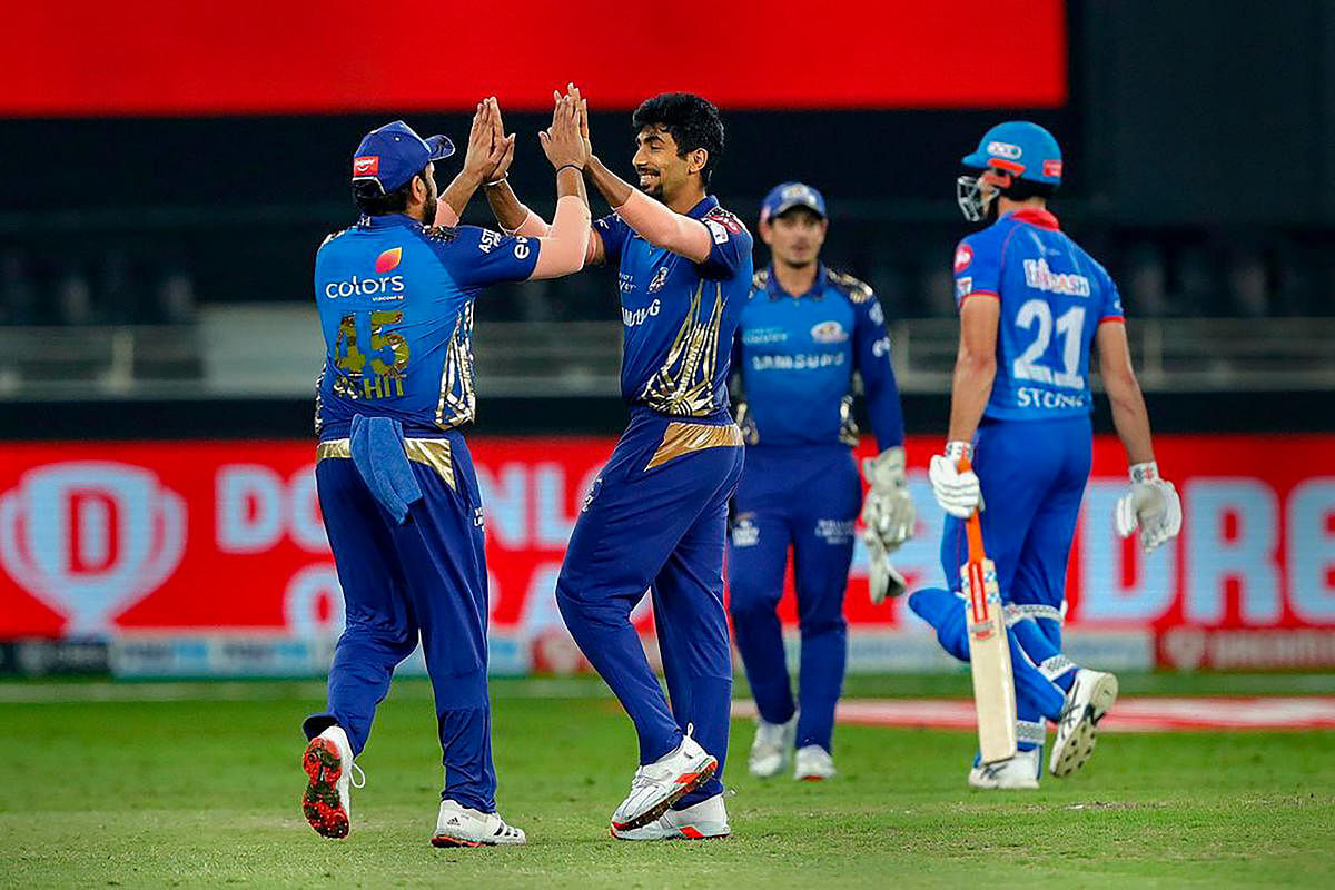 Mumbai Indians' Jasprit Bumrah celebrates the wicket of Marcus Stoinis of Delhi Capitals during the Qualifier 1 match at the Indian Premier League. Credits: PTI Photo