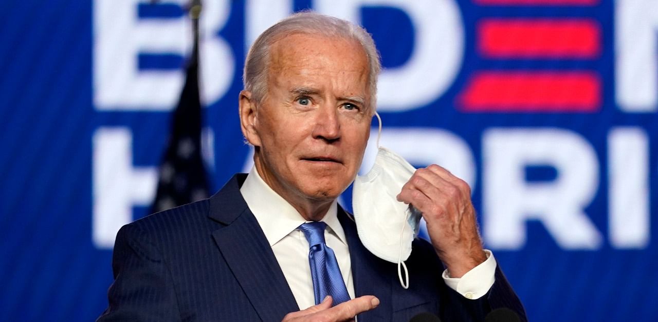 Democratic presidential nominee Joe Biden speaks about election results in Wilmington. Credit: AP/PTI Photo