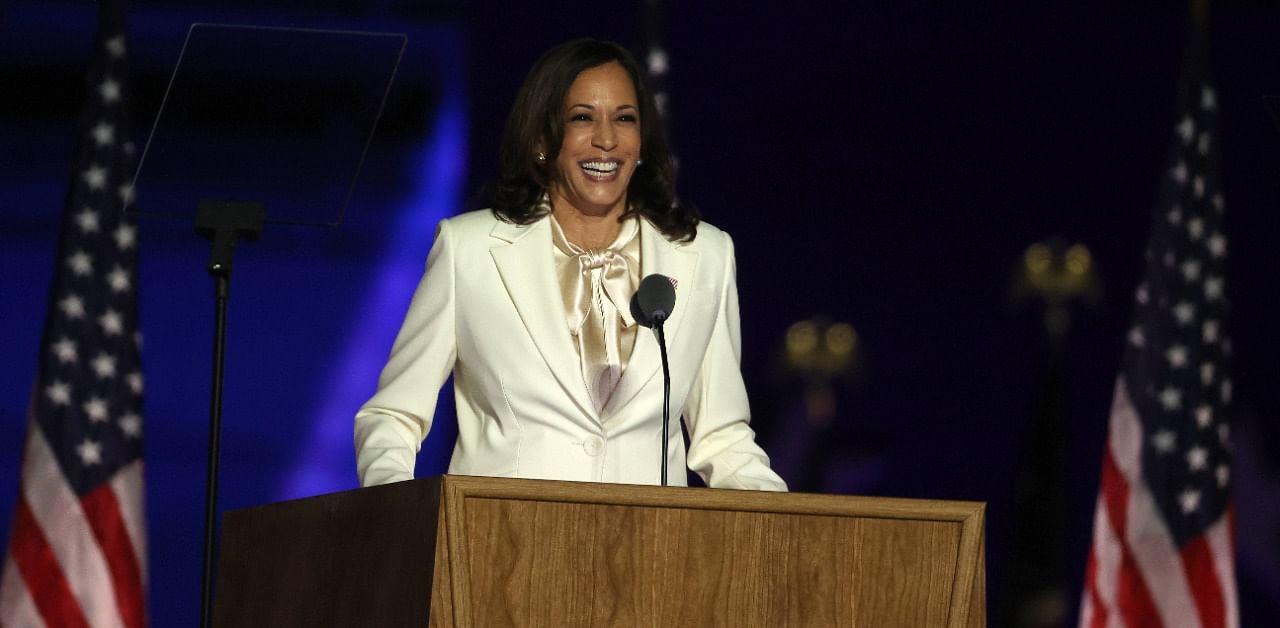 Vice President-elect Kamala Harris speaks on stage at the Chase Center before President-elect Joe Biden's address to the nation. Credit: AFP Photo