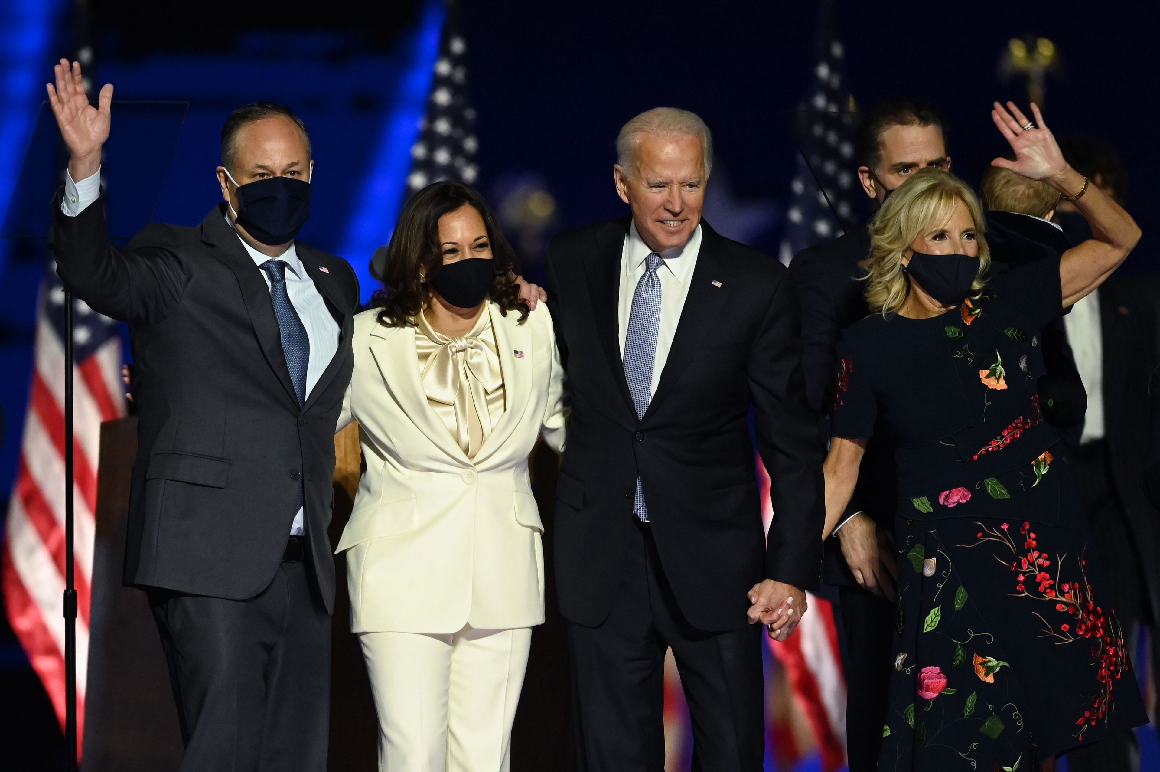 US President-elect Joe Biden and Vice President-elect Kamala Harris stand with spouses Jill Biden and Doug Emhoff after delivering remarks in Wilmington, Delaware, on November 7, 2020, after being declared the winners of the presidential election. Credit: AFP Photo