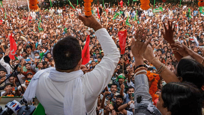 RJD leader Tejashwi Prasad Yadav during an election campaign rally ahead of Bihar assembly polls, at Masaurhi in Patna district. Credits: PTI Photo