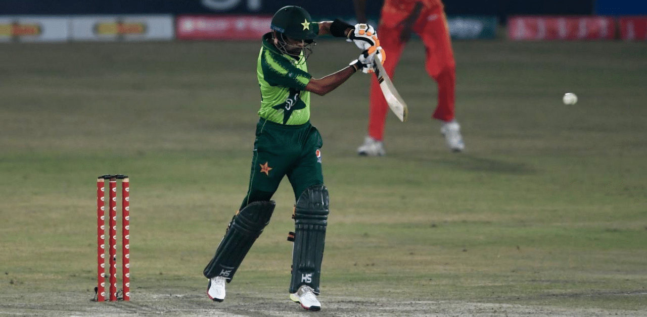 Pakistan's captain Babar Azam plays a shot during the first Twenty20 cricket match between Pakistan and Zimbabwe at the Rawalpindi Cricket Stadium in Rawalpindi. Credit: AFP Photo