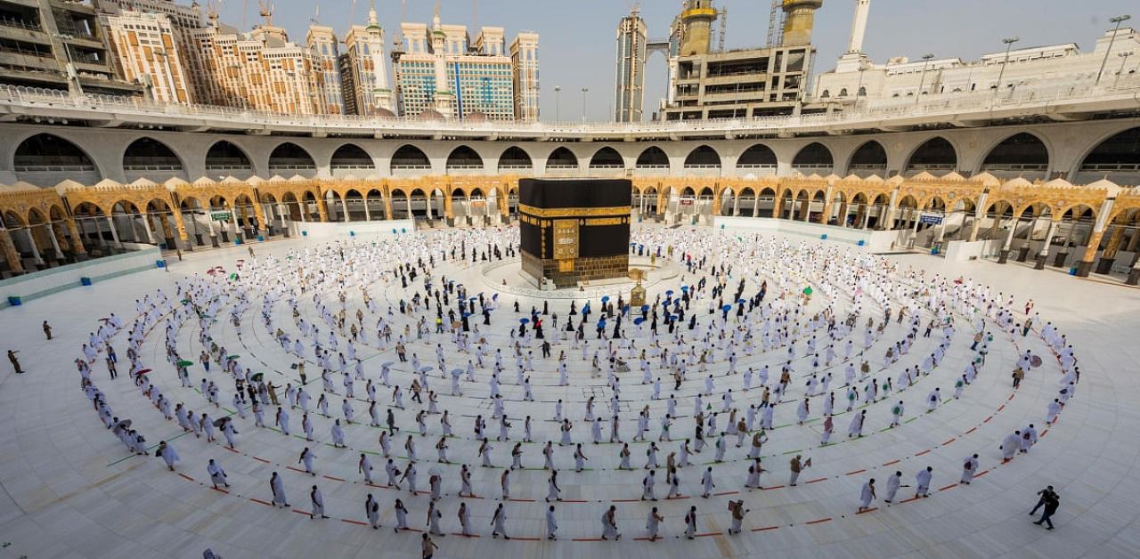 General view of Kaaba as Muslim pilgrims keeping social distance perform Tawaf around it during the annual Haj pilgrimage. Credit: Reuters