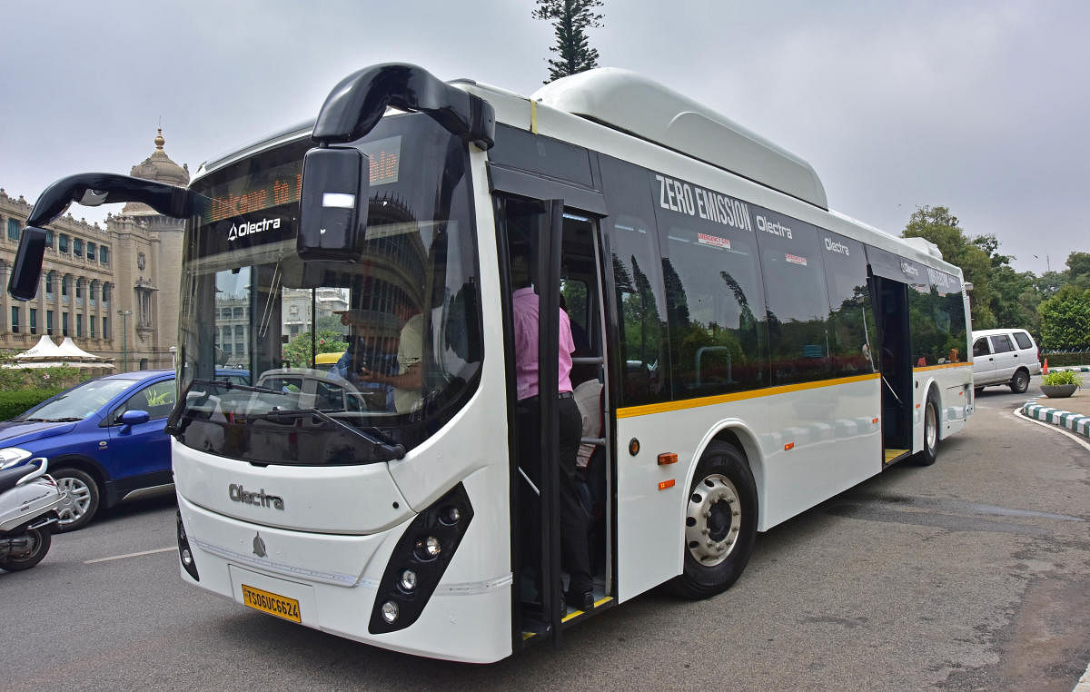 An electric bus during a trial run last month. The BMTC will also lease 90 e-buses under a state government scheme. DH FILE PHOTO