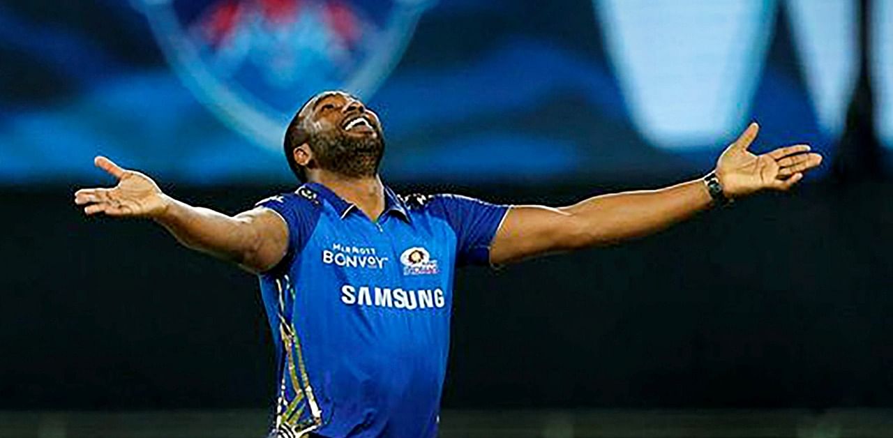 Kieron Pollard of Mumbai Indians celebrates the wicket of Axar Patel of Delhi Capitals during the Qualifier 1 match at the Indian Premier League. Credit: PTI Photo