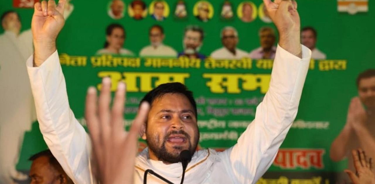 RJD leader Tejashwi Yadav addressing a gathering during an election meeting, in Raghopur, Saturday, Oct. 31, 2020. (PTI Photo) 