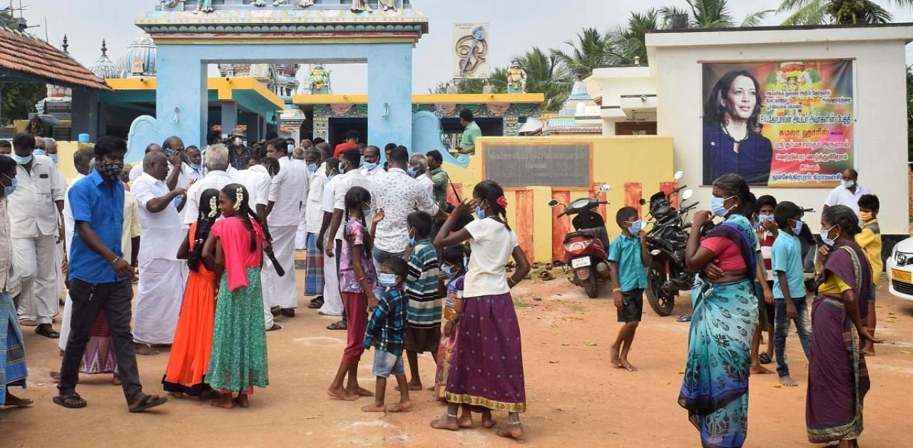 Residents offer prayers for the victory of US Democratic Vice President-Elect Kamala Harris, at a temple in her ancestral village of Thulasendrapuram in Tamil Nadu. Credit: AFP.