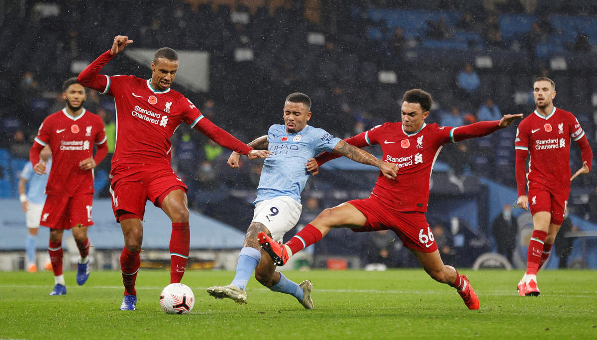 Manchester City's Gabriel Jesus scores their first goal. Credit: Reuters