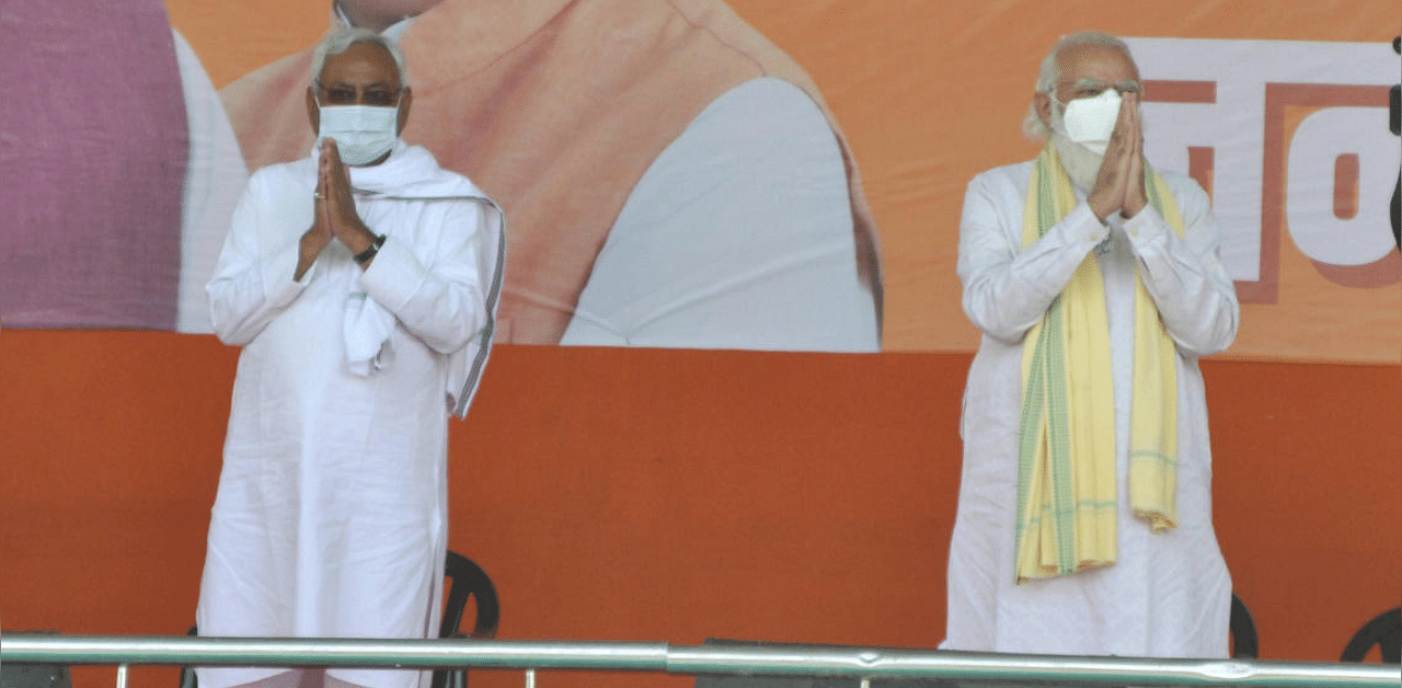 Prime Minister Narendra Modi with Bihar Chief Minister and Janata Dal (United) President Nitish Kumar during an election rally, in Rohtas District. Credit: PTI Photo