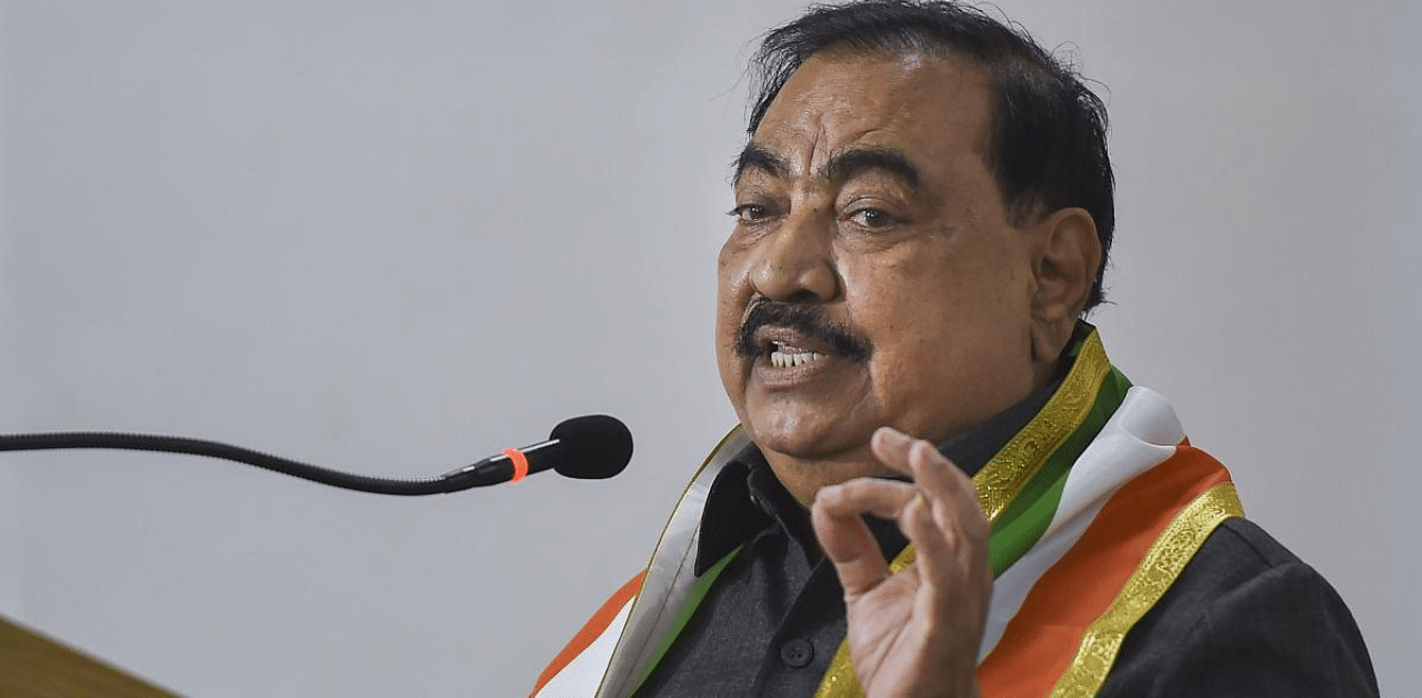 Former BJP leader Eknath Khadse speaks while joining the Nationalist Congress Party. Credit: PTI Photo