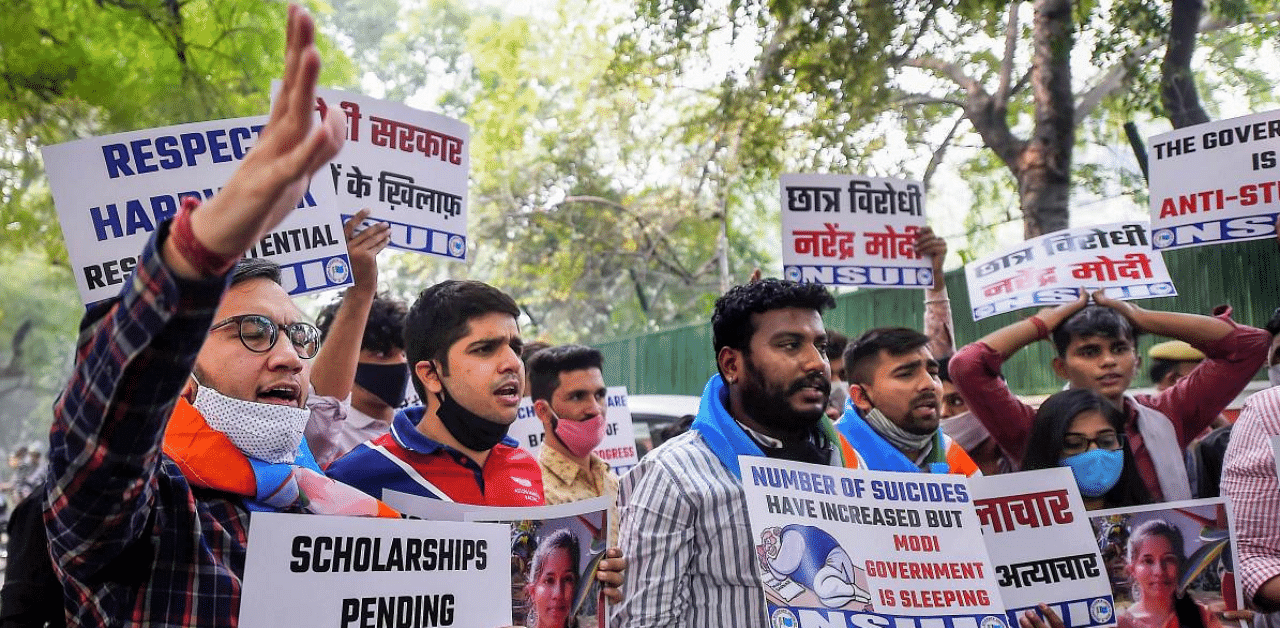  National Students' Union of India (NSUI) activists protest outside the residence of Union Education Minister Ramesh Pokhriyal 'Nishank' demanding justice for Aishwarya Reddy, in New Delhi. Credit: PTI Photo