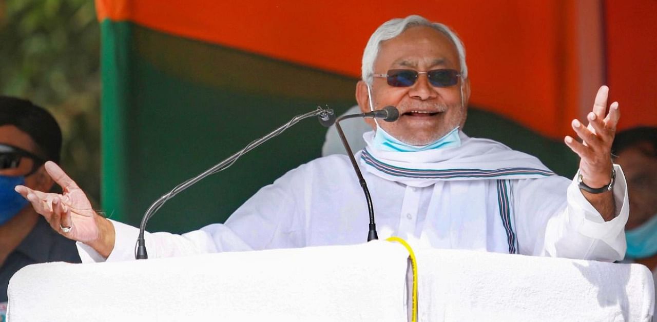 Bihar Chief Minister Nitish Kumar addresses a gathering during an election meeting, for Bihar Assembly elections. Credit: PTI