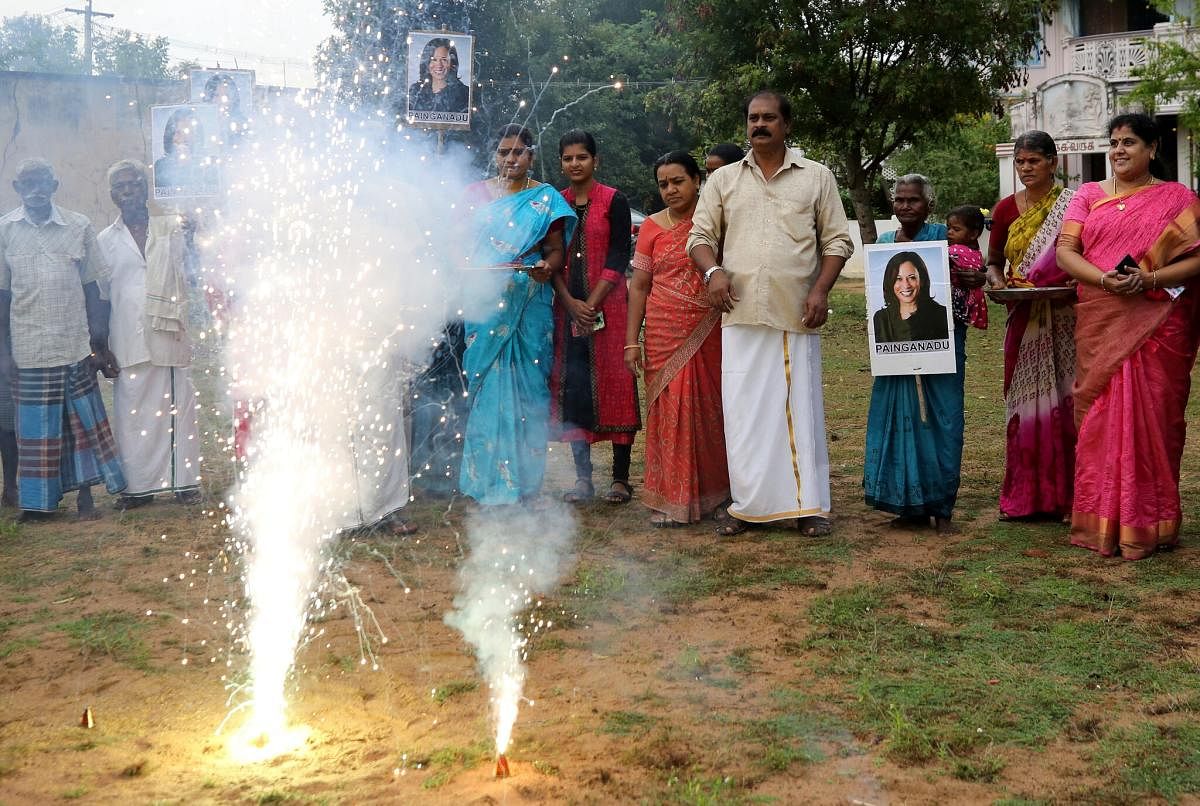 In Thulasendrapuram, the village that Kamala Harris’s grandfather left more than 80 years ago, residents celebrated her election to the American vice presidency on Sunday. Credit: AP