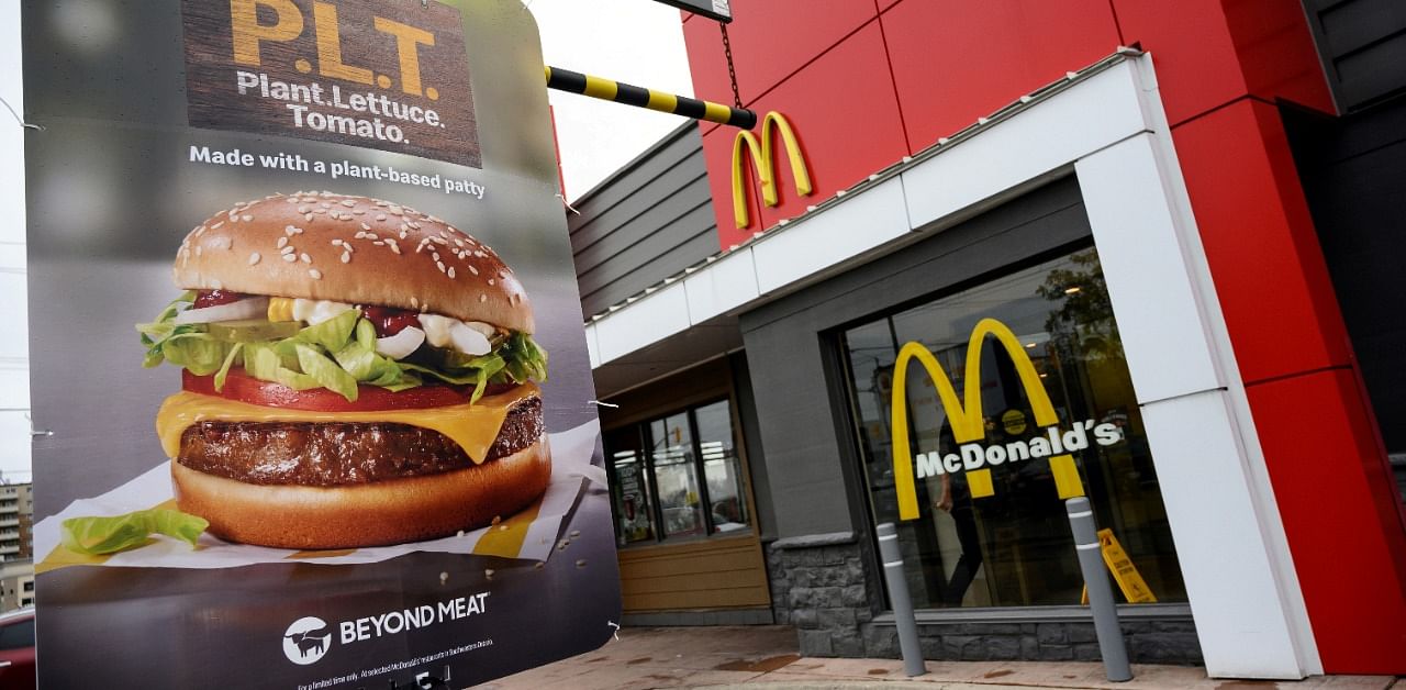 A sign promoting McDonald's "PLT" burger with a Beyond Meat plant-based patty at one of 28 test restaurant locations in Ontario, Canada. Credit: Reuters Photo