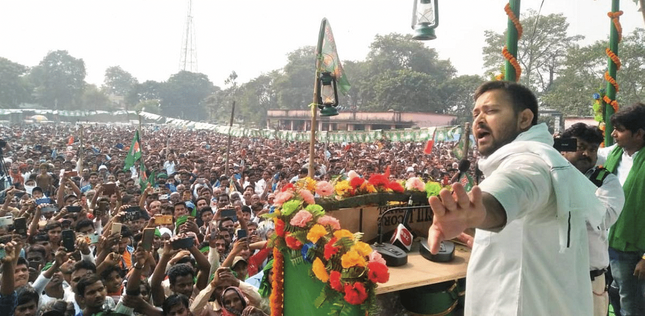  RJD leader Tejashwi Yadav addresses an election campaign rally for Assembly polls, at Bochha in Muzaffarpur district of Bihar. Credit: PTI Photo