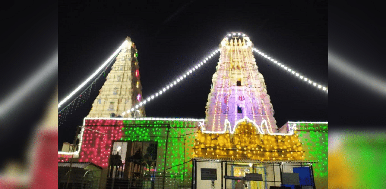 Male Mahadeshwara temple illuminated during Dasara festival.  DH file photo