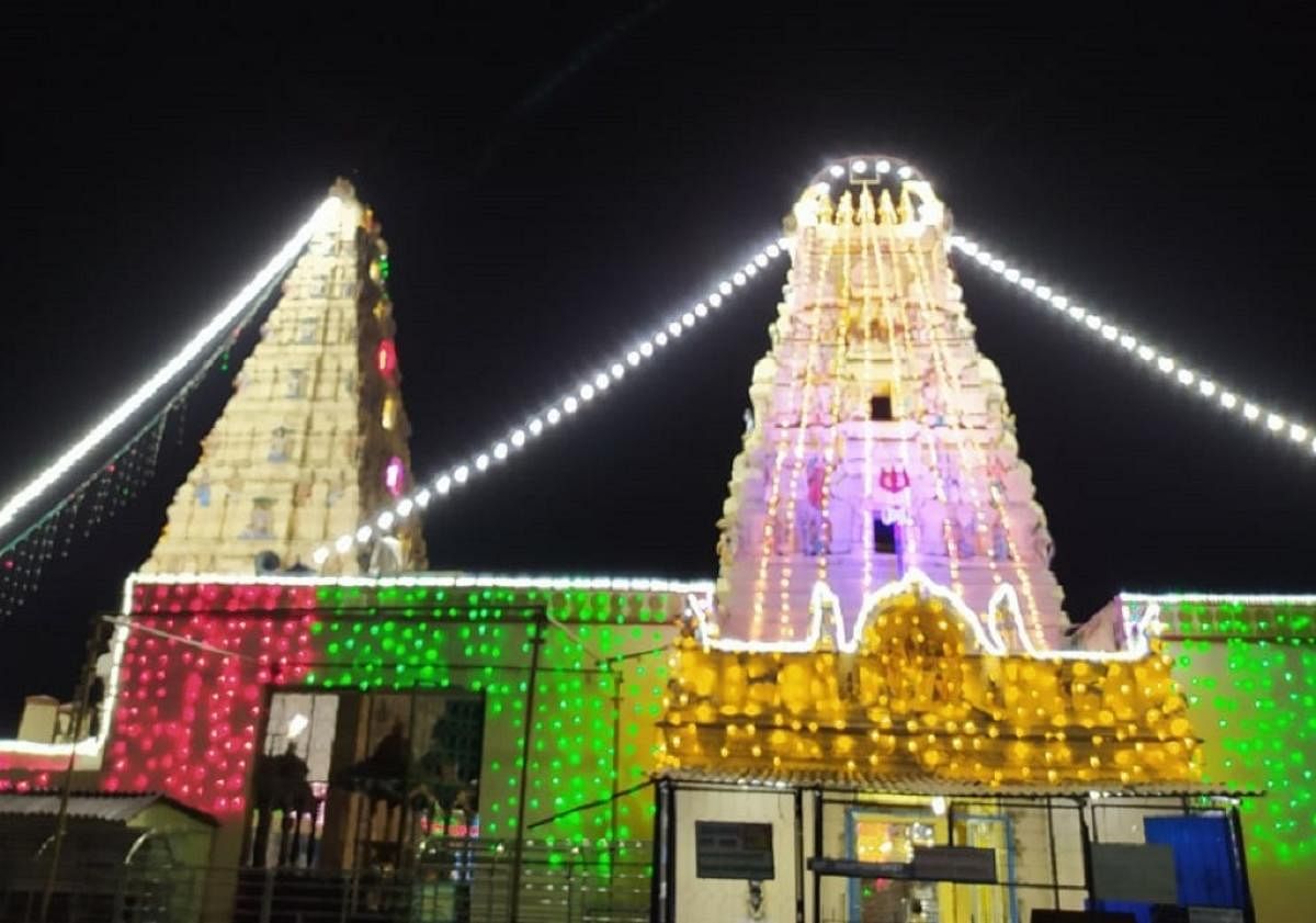 Male Mahadeshwara temple illuminated during Dasara festival. DH file photo