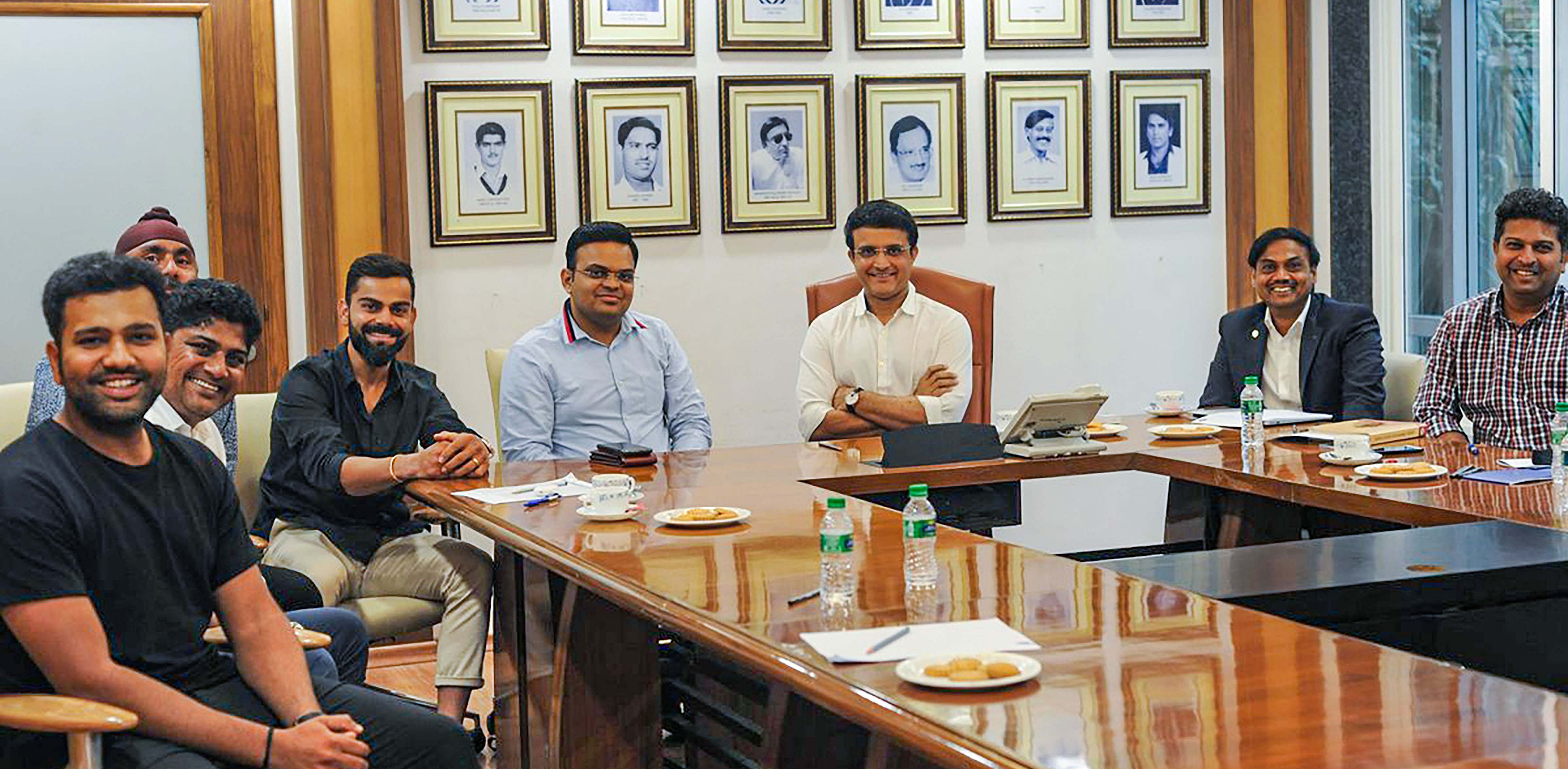 BCCI President Saurav Ganguly, BCCI Secretary Jay Shah, Indian cricket captain Virat Kohli, Vice-captain Rohit Sharma and others during the senior selection committee meeting in Mumbai. Credit: PTI