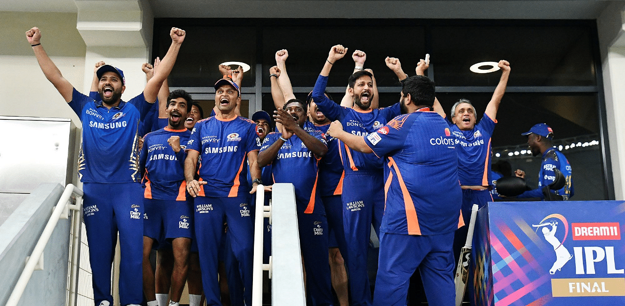 MI Captain Rohit Sharma and team celebrate their win over Delhi Capitals during the final of IPL 2020. Credit: IPL2020/BCCI