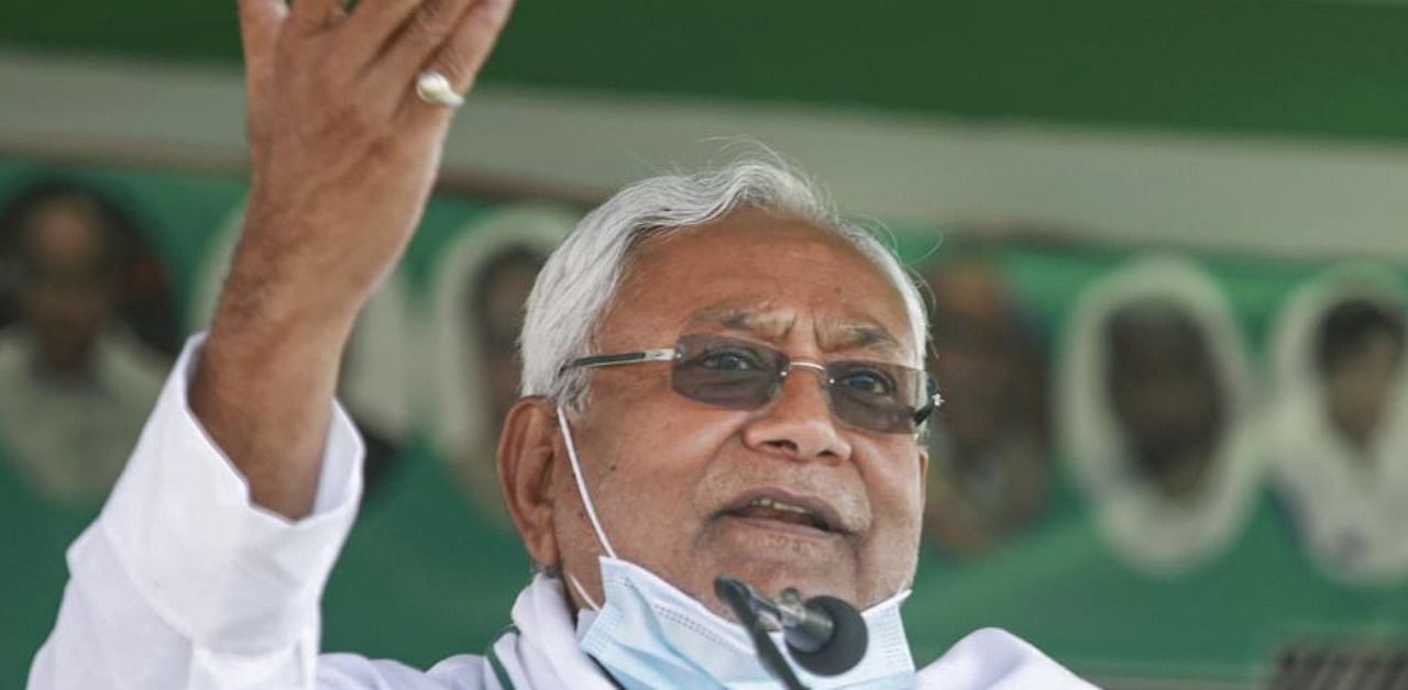 Bihar Chief Minister Nitish Kumar addressing an election rally for Assembly polls, in Bhagalpur, Saturday, Oct. 31, 2020. Credit: PTI Photo