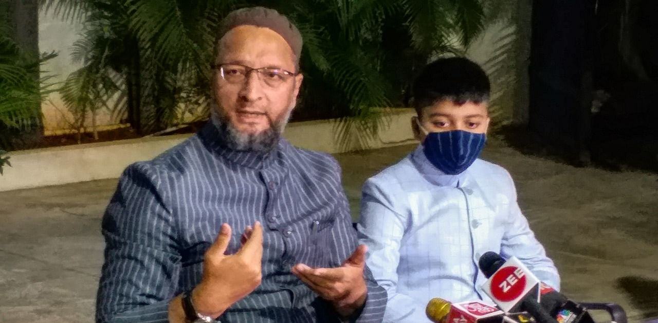 AIMIM President and Hyderabad MP Asaduddin Owaisi addresses media persons on Bihar election results at his residence in Hyderabad. Credit: PTI Photo
