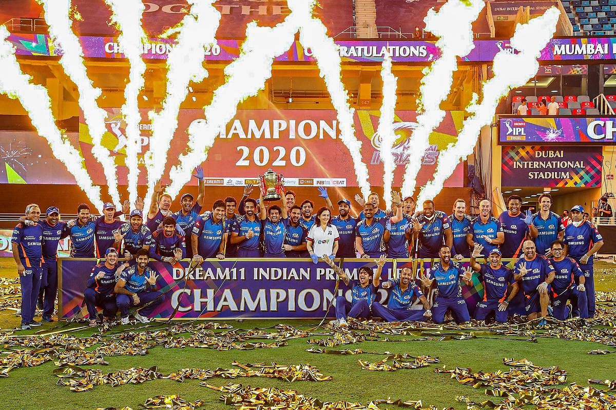 Mumbai Indians' players celebrate after winning the Indian Premier League title for the fifth time on Tuesday. SPORTZPICS 