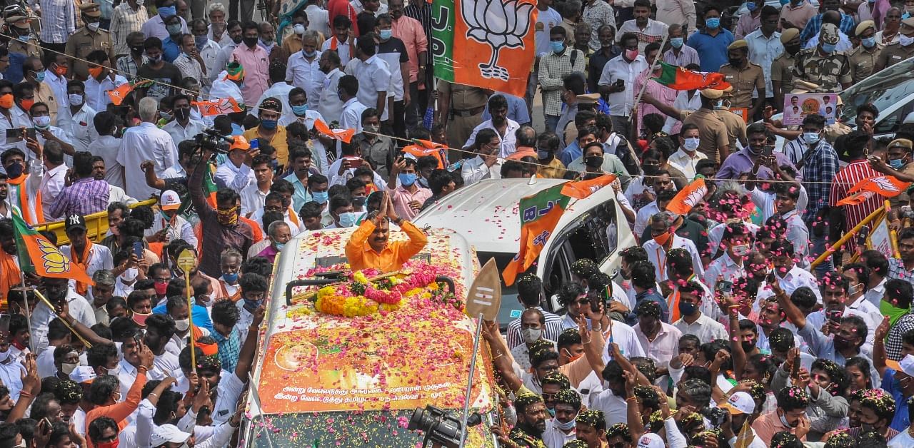 Tamil Nadu BJP President L Murugan during party's 'Vetrivel Yatra' from Vadivudaiyamman temple in Thiruvottiyur, in Chennai. Credit: PTI Photo