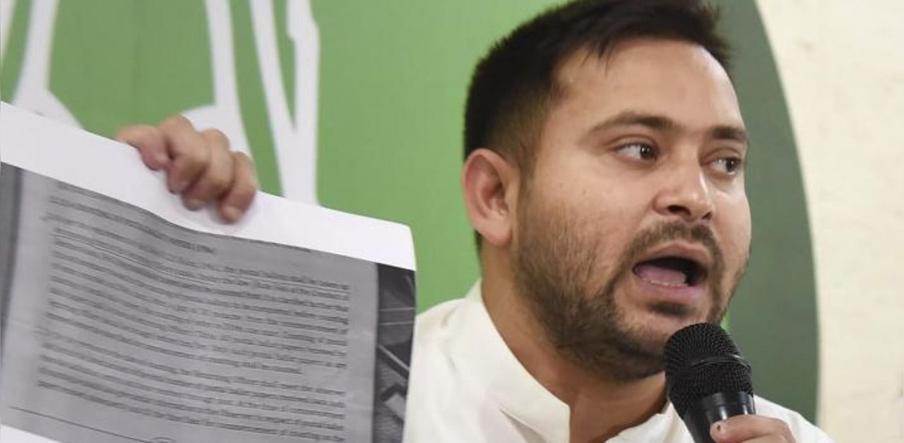  RJD leader Tejashwi Yadav addresses a press conference, in Patna, Thursday, Nov. 12, 2020. Credit: PTI Photo