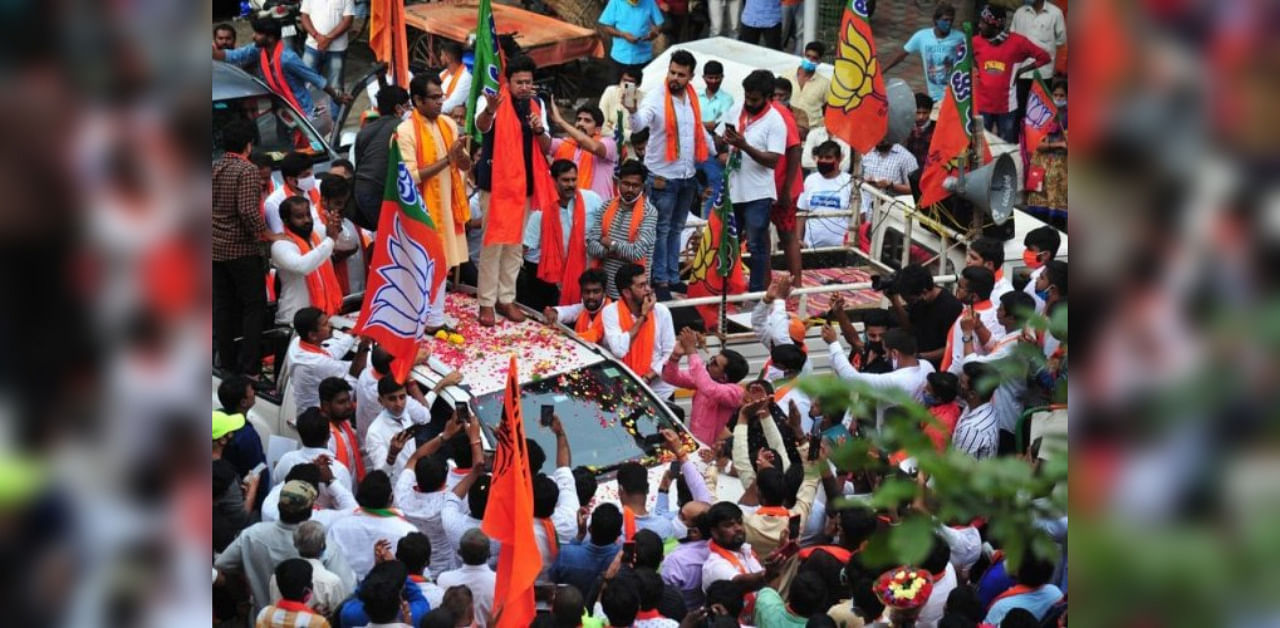 Tejasvi Surya and eight others took out a rally from the Bengaluru airport to the party’s Malleswaram office in September. Credit: DH