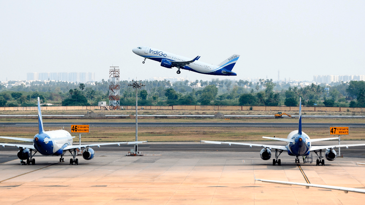 An Indigo flight directed to Varanasi takes off at the Kamaraj domestic airport during the first day of resuming of domestic flights. Credits: AFP Photo