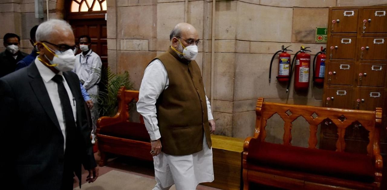 Home Minister Amit Shah arrives to chair a meeting over the Covid-19 situation in the national capital with Delhi Chief Minister Arvind Kejriwal, LG Anil Baijal, Union Health Minister Harsh Vardh and Delhi Police commissioner Director of AIIMS Randeep Guleria. Credit: PTI.