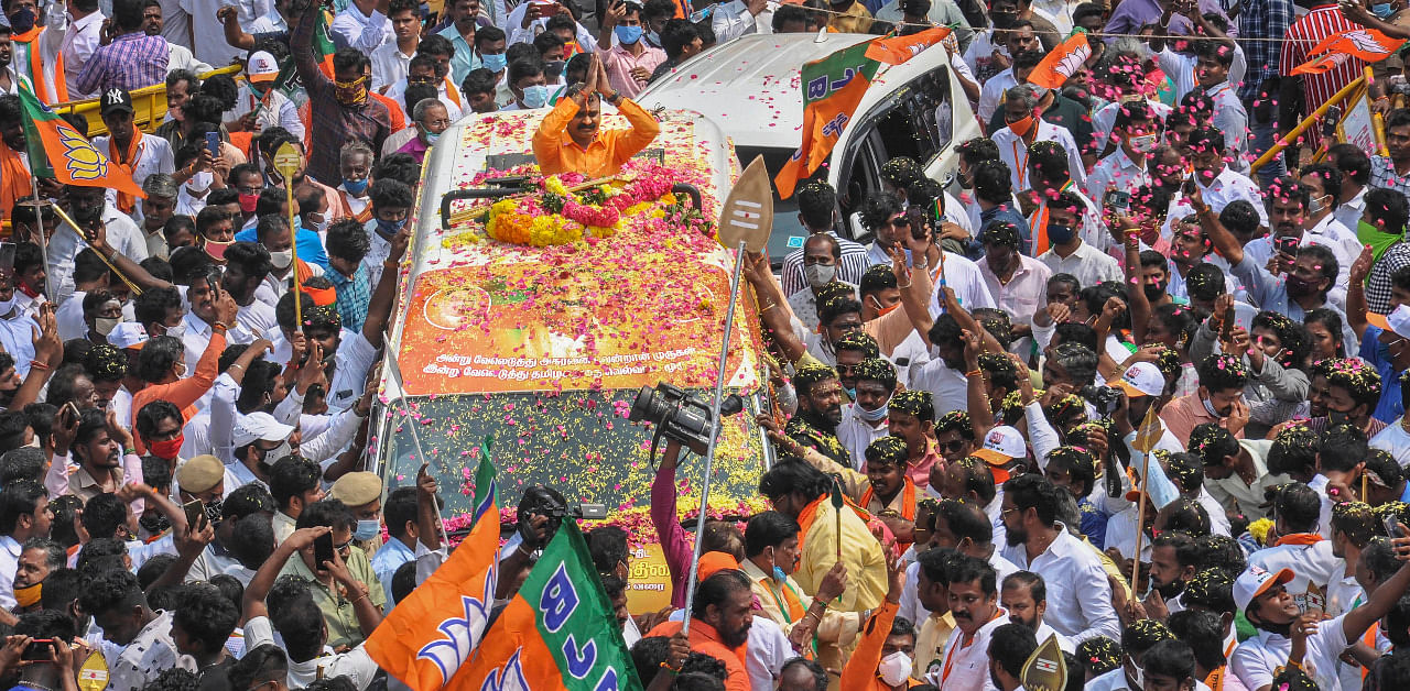 Tamil Nadu BJP President L Murugan during party's 'Vetrivel Yatra' from Vadivudaiyamman temple in Thiruvottiyur, in Chennai. Credit: PTI Photo