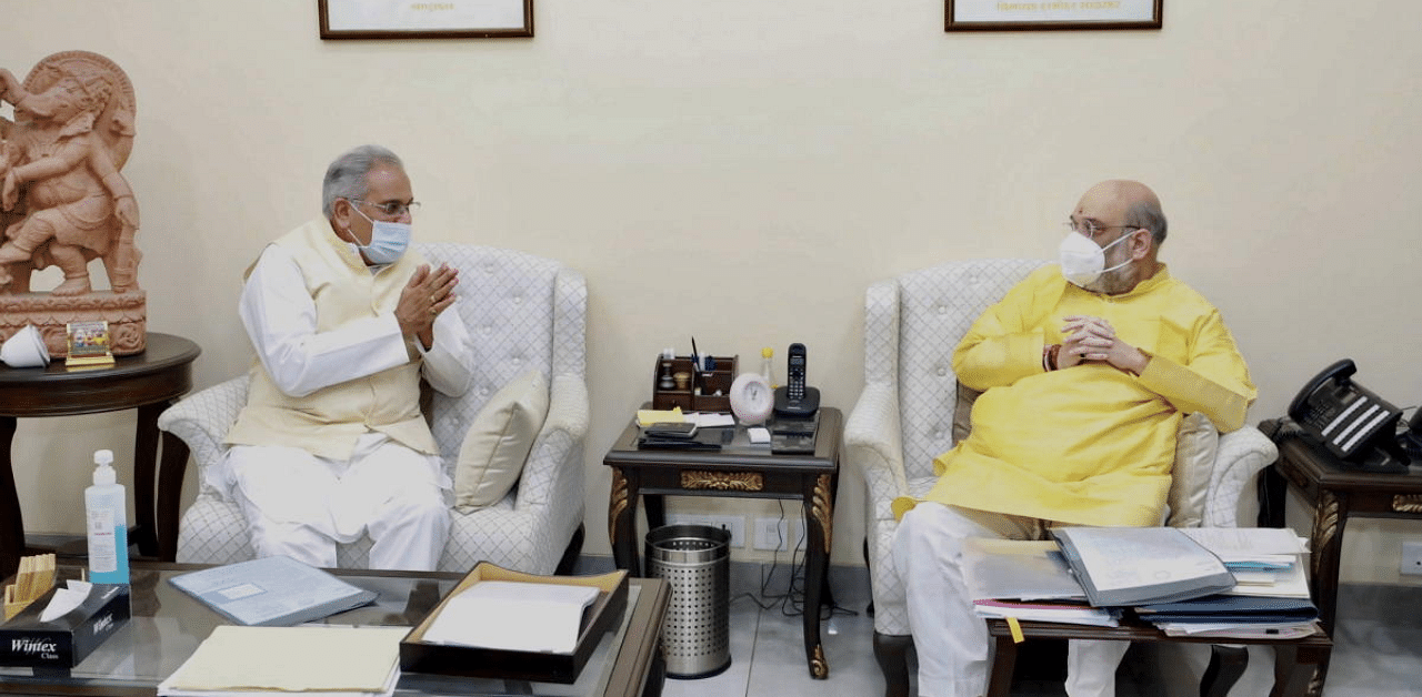 Union Home Minister Amit Shah with Chhatisgarh CM Bhupesh Baghel during a meeting, in New Delhi. Credit: PTI Photo