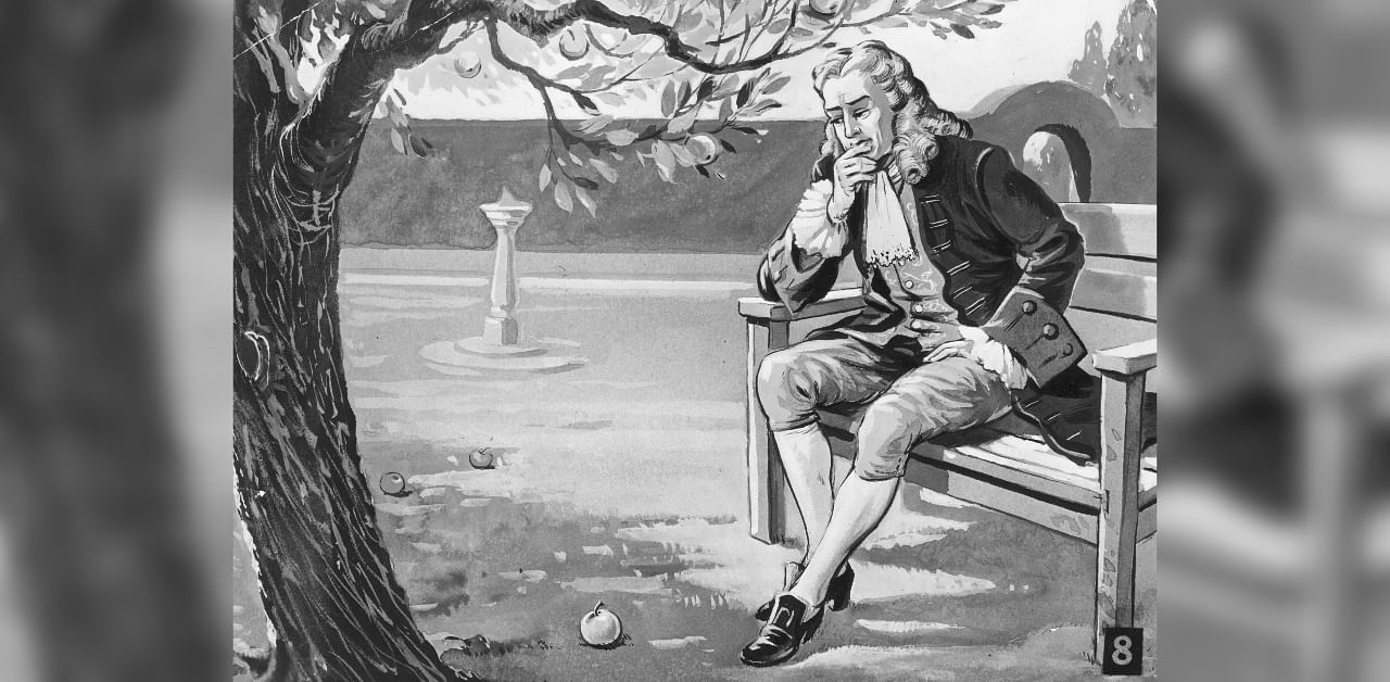 English mathematician and physicist Sir Isaac Newton (1642 - 1727) contemplates the force of gravity, as the famous story goes, on seeing an apple fall in his orchard, circa 1665. Credit: Hulton Archive/Getty Images