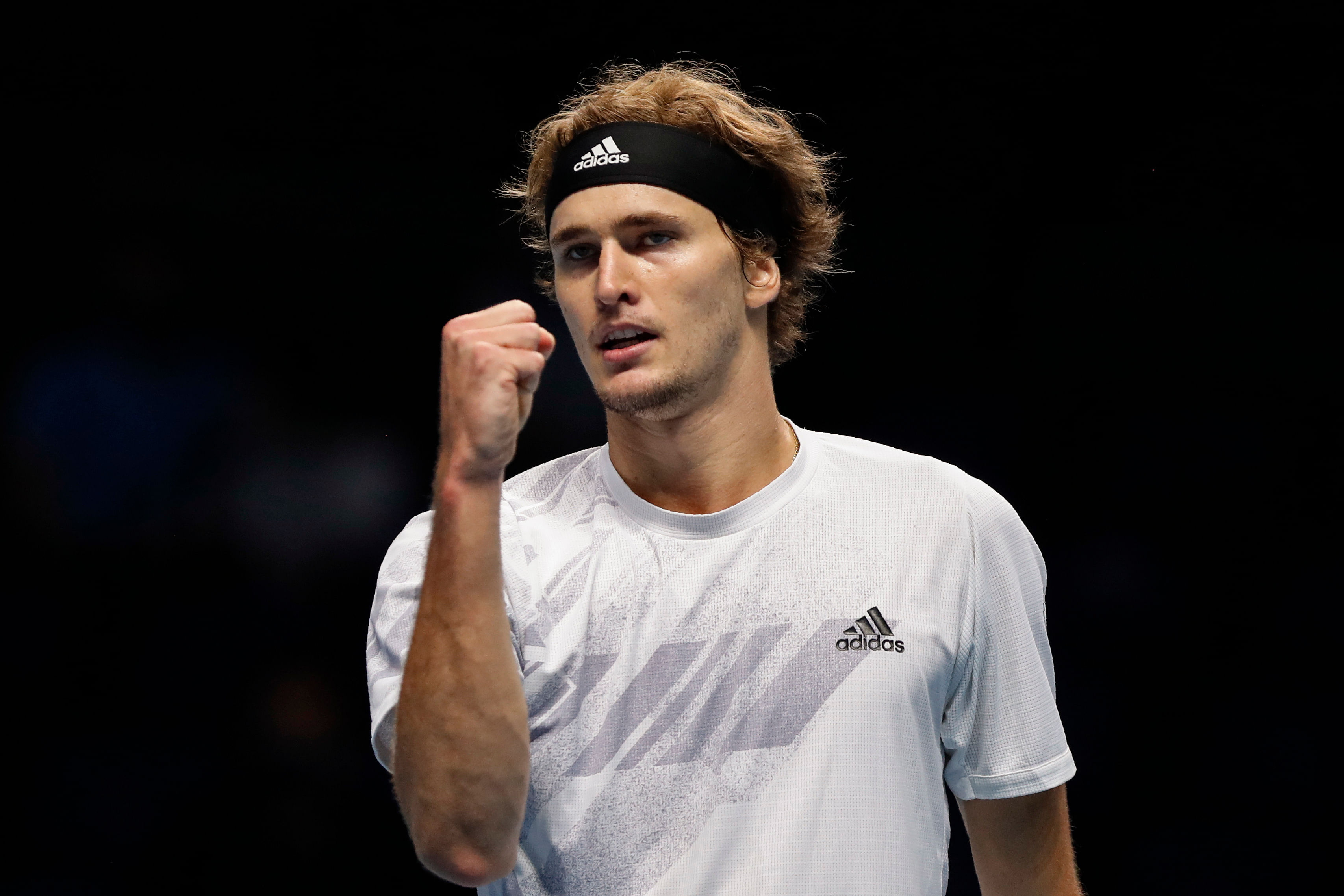 Alexander Zverev of Germany celebrates winning against Diego Schwartzman of Argentina during their tennis match at the ATP World Finals tennis tournament at the O2 arena in London, Wednesday, Nov. 18, 2020. Credit: AP/PTI 