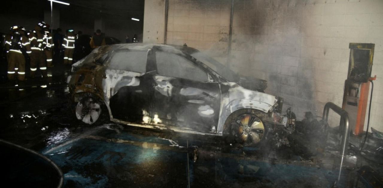 The burnt wreckage of a Hyundai Kona Electric vehicle is seen after it caught fire in Daegu, South Korea. Credit: Reuters Photo