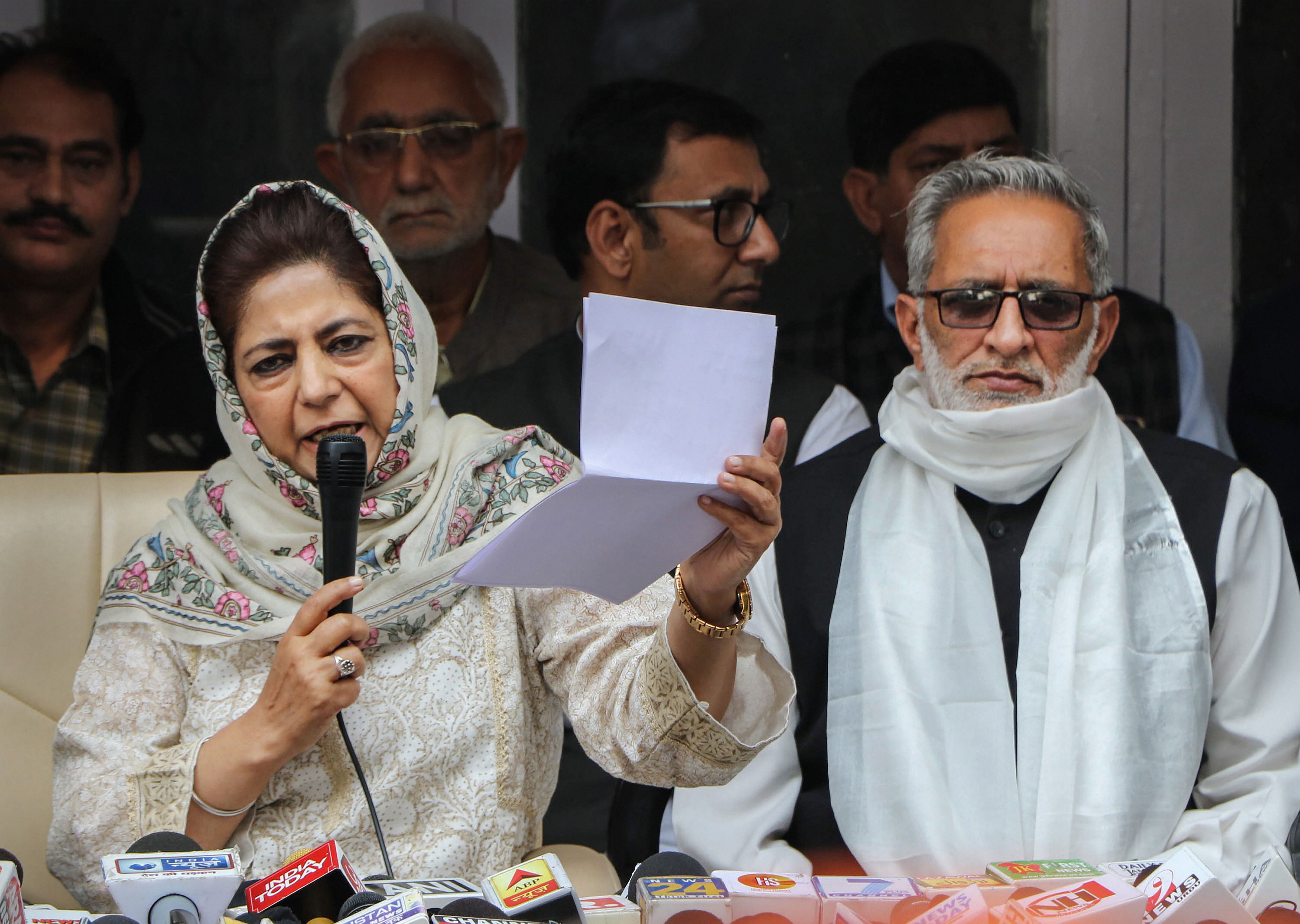People's Democratic Party (PDP) President Mehbooba Mufti addresses a press conference in Jammu, Monday, Nov 9, 2020. Credit: PTI Photo