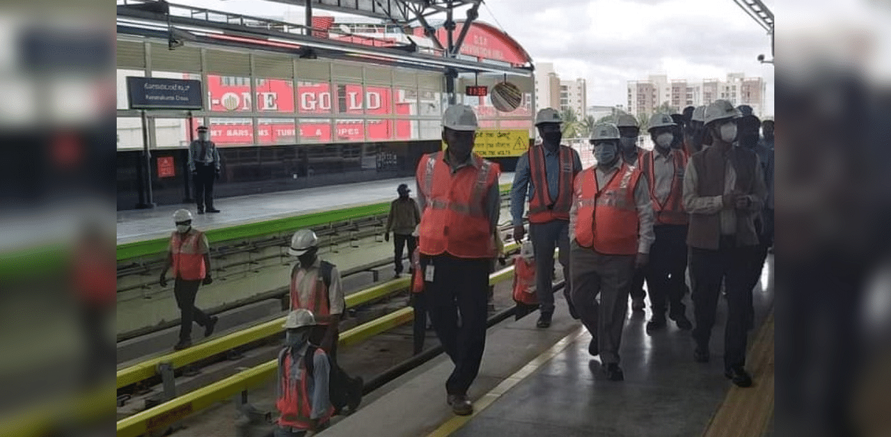 Safety inspection at Konanakunte Cross metro station. Credit: DH